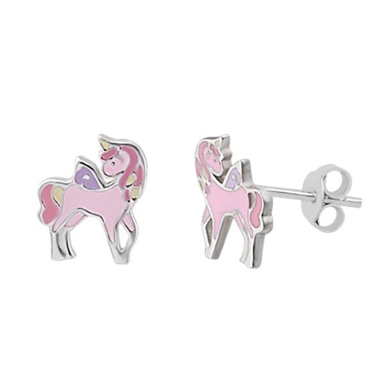 Pink unicorn stud earrings for kids by Melchior Jewellery with silver detailing and colourful enamel