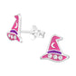 Pink witch hat stud earrings for kids by Melchior Jewellery with crystal details and silver finish