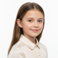 Young girl wearing plain apple stud earrings for children by Melchior Jewellery with a white blouse