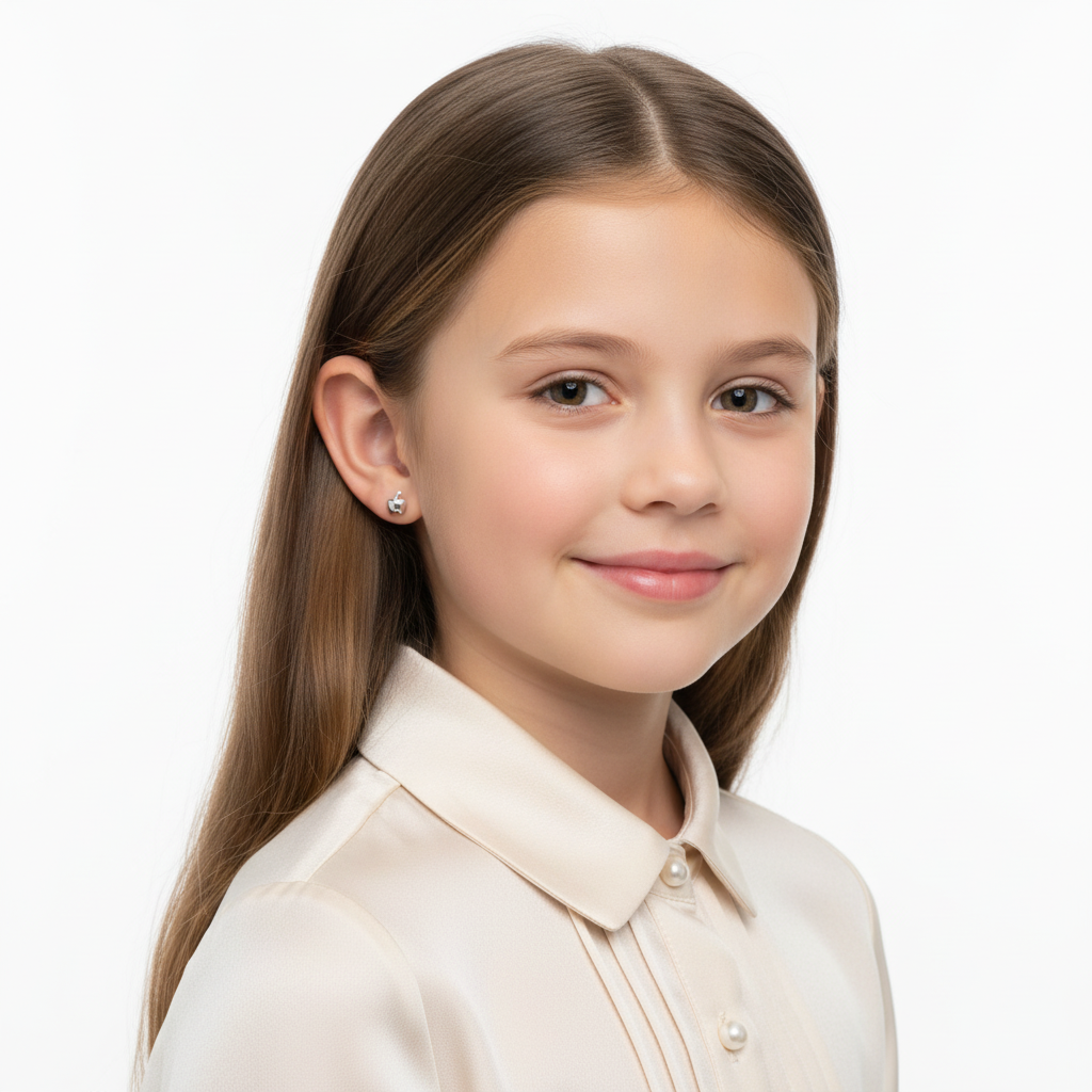 Young girl wearing plain apple stud earrings for children by Melchior Jewellery with a white blouse