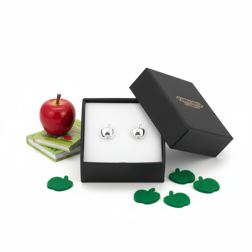 Plain apple stud earrings for children displayed in a black Melchior Jewellery box with apple props
