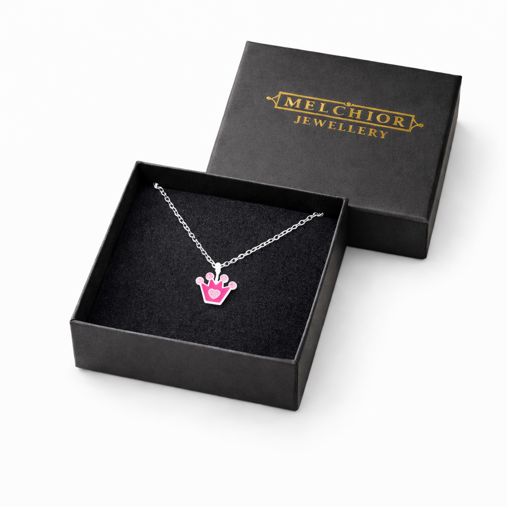 Melchior Jewellery princess necklace for girls with pink crown pendant in black gift box