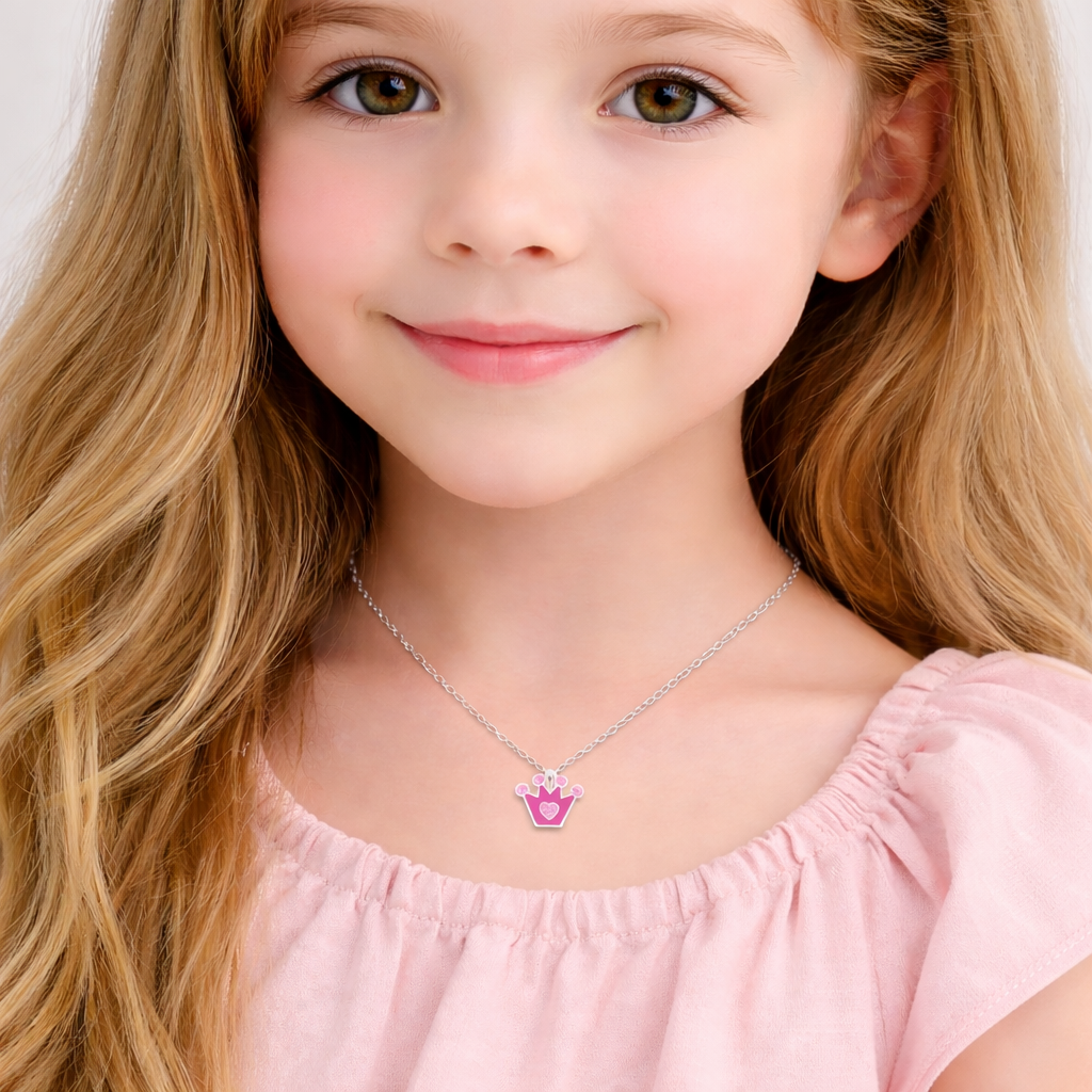 Melchior Jewellery princess necklace for girls with pink crown pendant on young girl