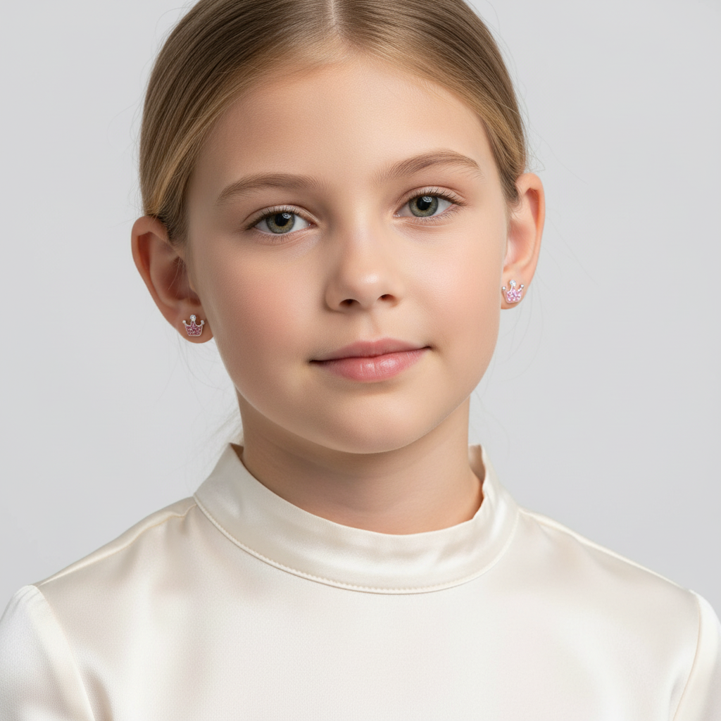 Young girl wearing princess pink stud earrings for kids from Melchior Jewellery in a white top