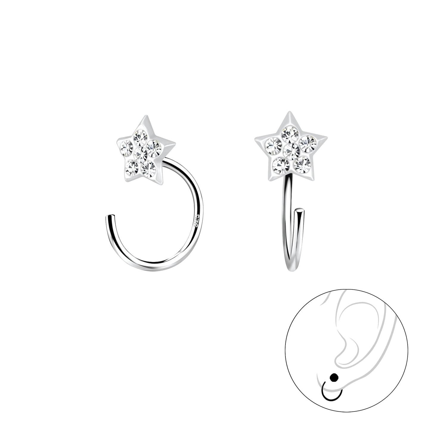 Melchior Jewellery Pull-Through Star Crystal Earrings in silver with crystal star design for adults
