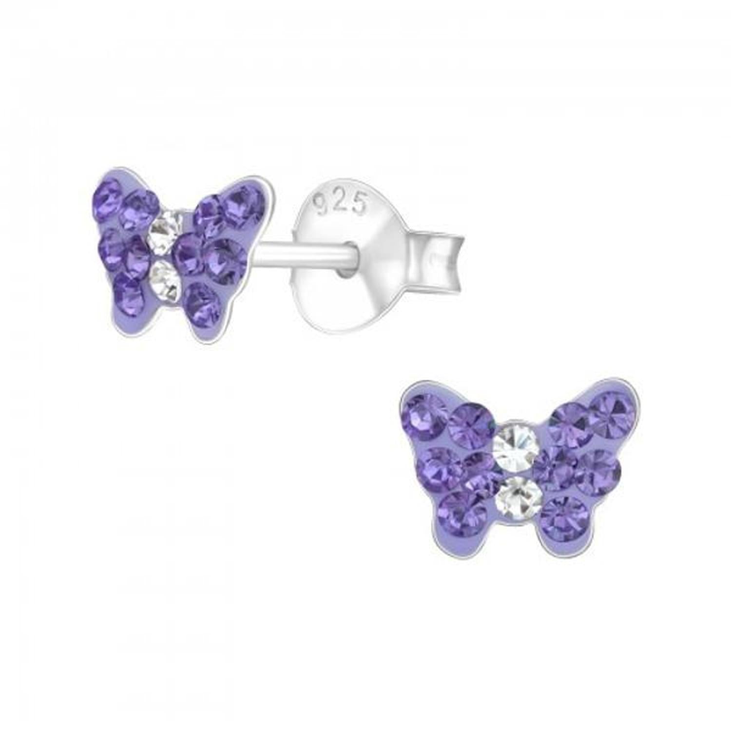 Melchior Jewellery purple butterfly earrings kids with sparkling purple and clear crystals on silver studs