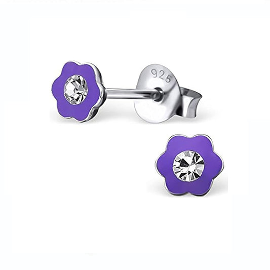 Purple CZ stud earrings for kids by Melchior Jewellery featuring flower-shaped design with clear cubic zirconia