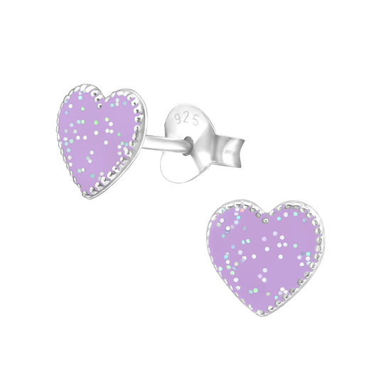 Purple glitter stud earrings for kids heart shaped with silver edges by Melchior Jewellery