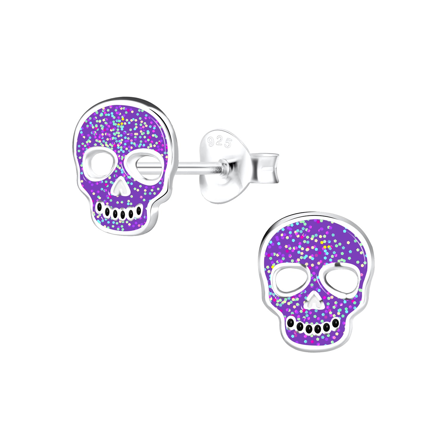 Melchior Jewellery childrens purple Halloween stud earrings shaped as glittery skulls