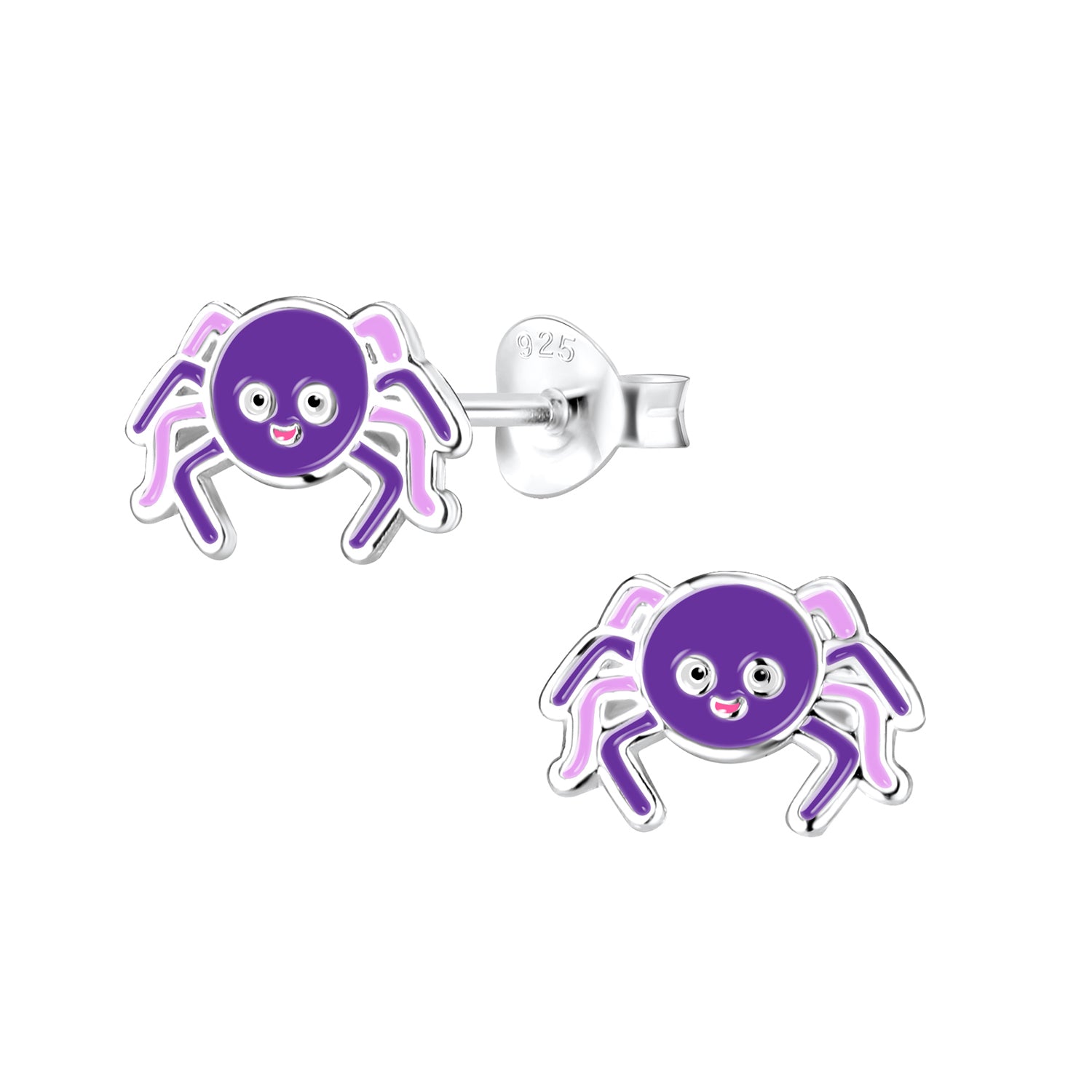 Purple Spider Earrings for children by Melchior Jewellery with playful spider design and silver studs