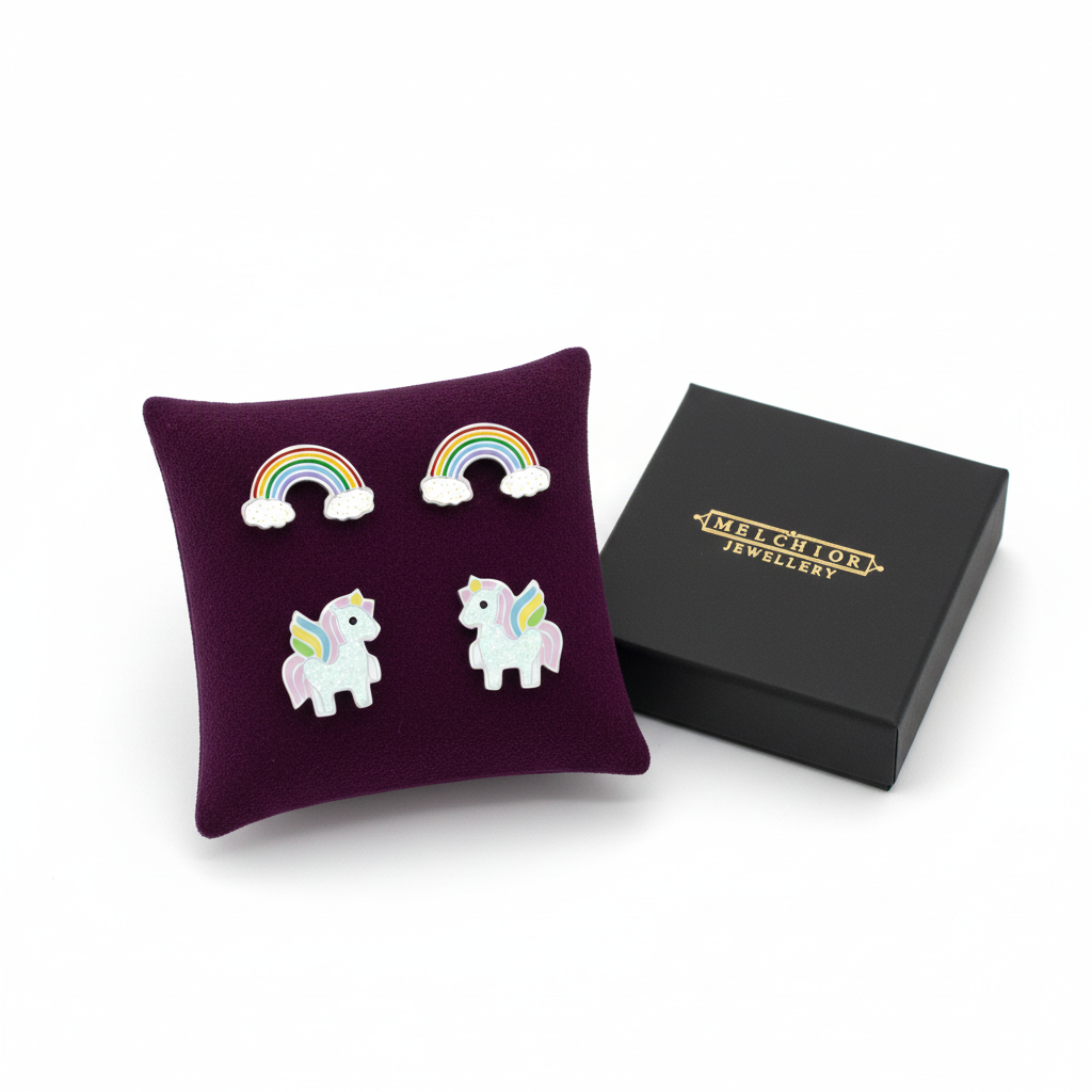 Melchior Jewellery rainbow and unicorn earrings set for children displayed on purple cushion with black box