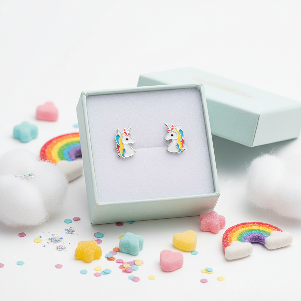 Rainbow unicorn stud earrings for kids displayed in a mint green jewellery box with colourful heart and star decorations
