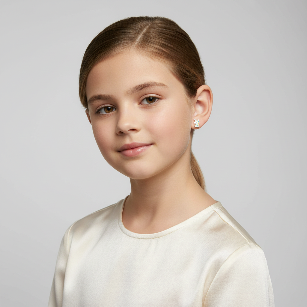Girl wearing rainbow unicorn stud earrings for kids from Melchior Jewellery with a cream satin top