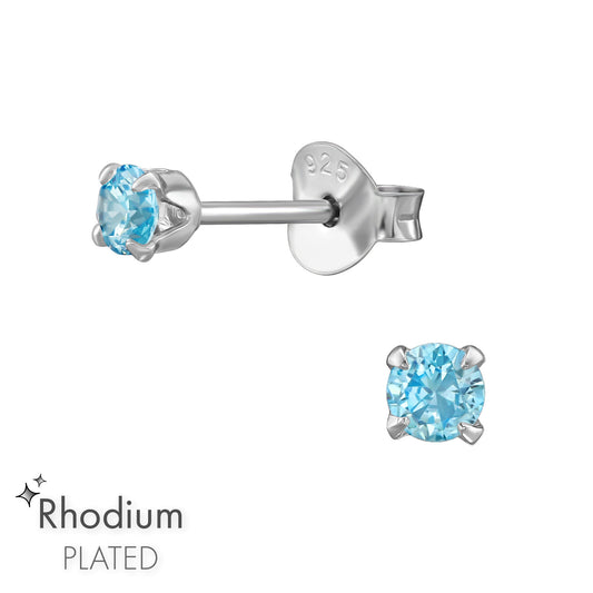 3mm round aquamarine CZ earrings by Melchior Jewellery rhodium plated sterling silver studs