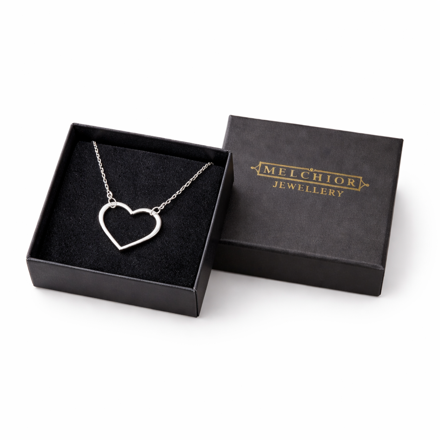 Melchior Jewellery womans necklace with rhodium plated heart pendant in black gift box