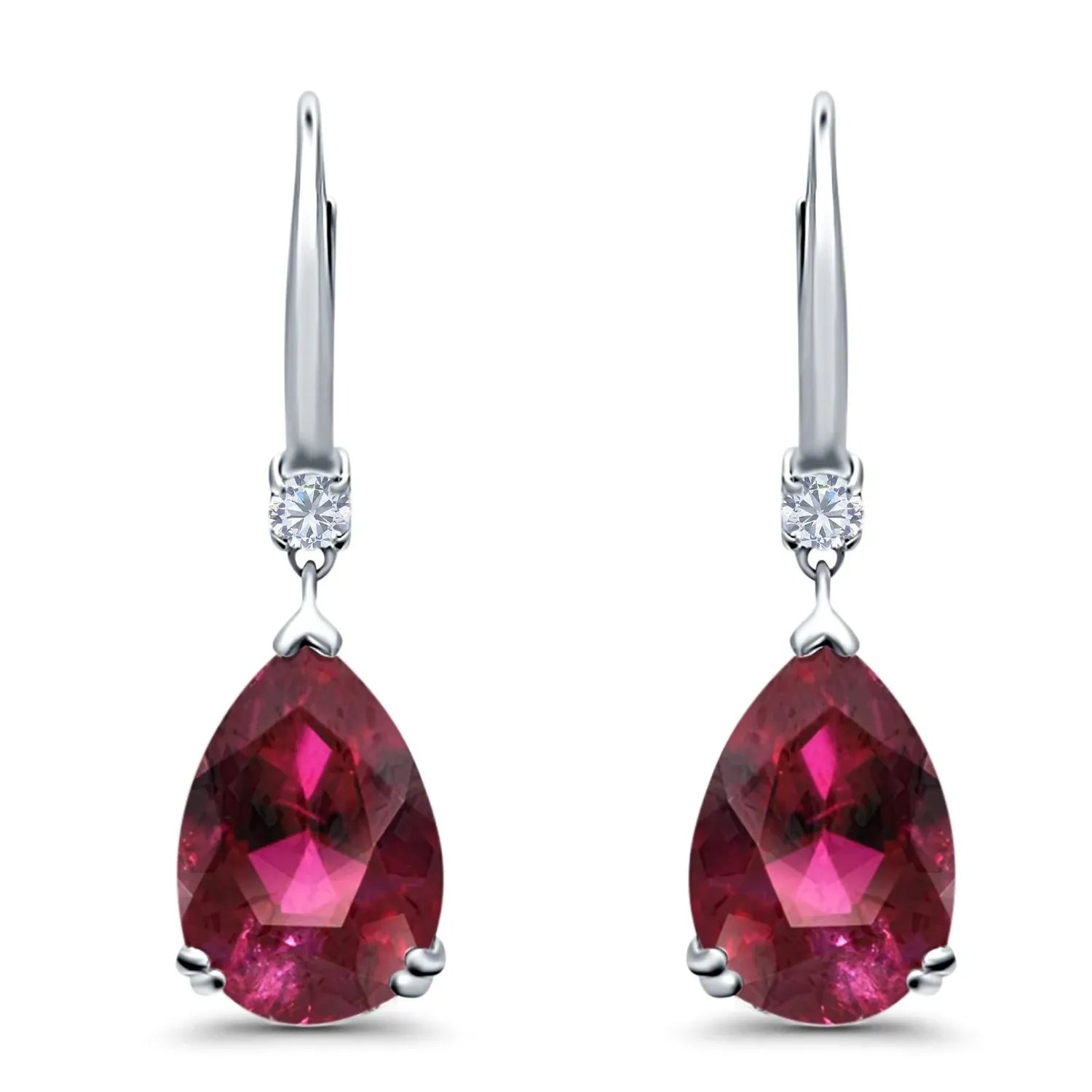 Melchior Jewellery silver drop ruby earrings featuring pear-shaped deep red rubies with sparkling white gemstones