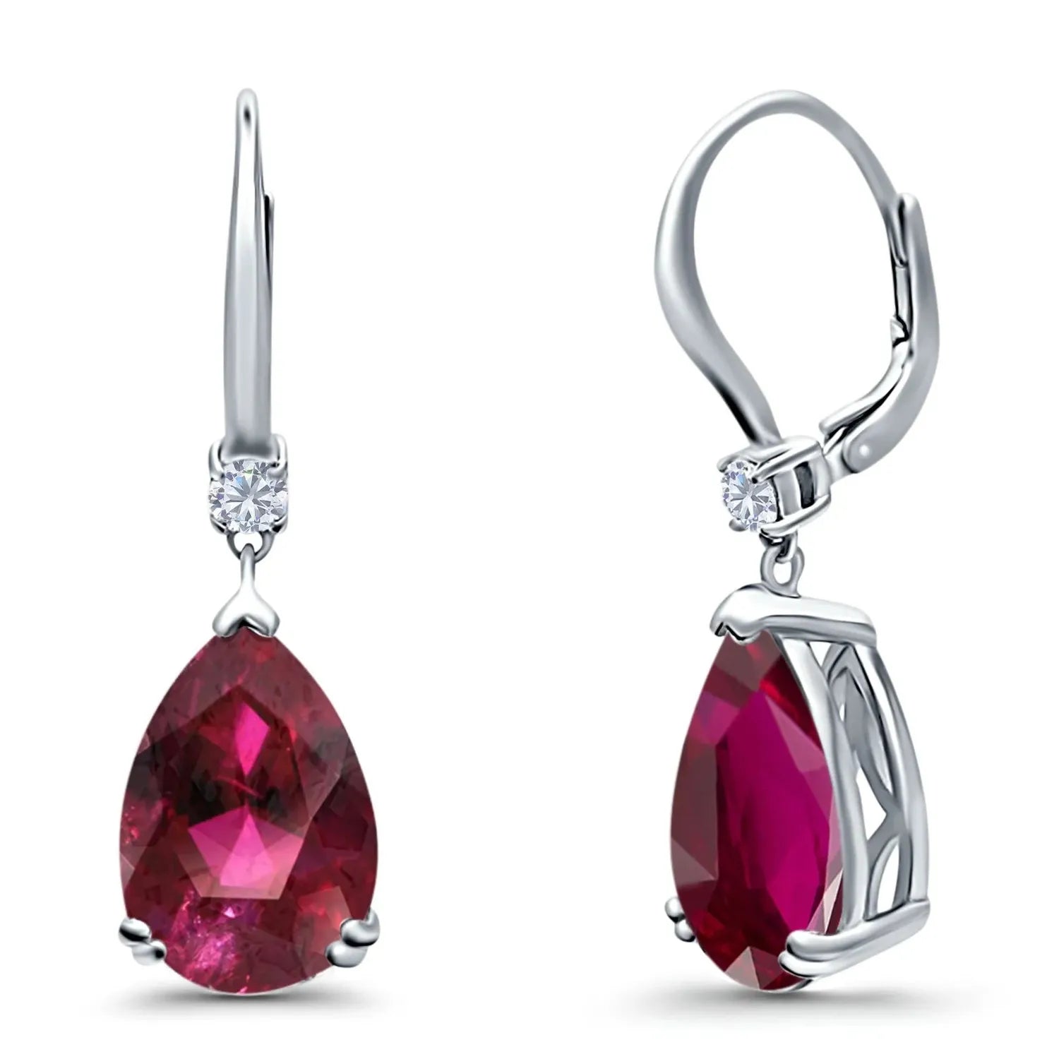 Melchior Jewellery ruby earrings with pear-shaped deep red ruby gemstones and small sparkling white stones set in silver hooks