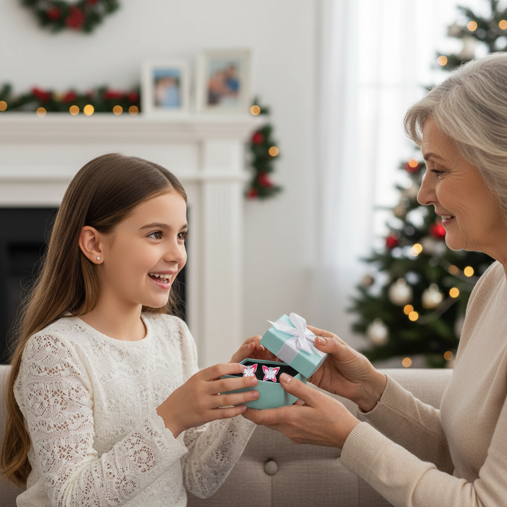 Melchior Jewellery safe earrings for sensitive ears children being gifted to a young girl by an older woman at home