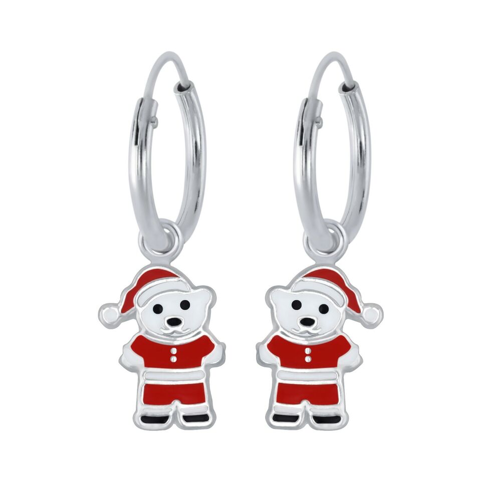 Melchior Jewellery Santa bear hoop earrings for kids in silver with red enamel festive design