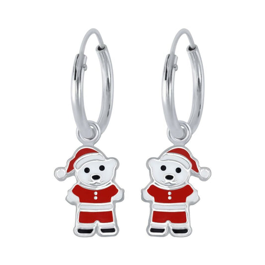 Melchior Jewellery Santa bear hoop earrings for kids in silver with red enamel festive design