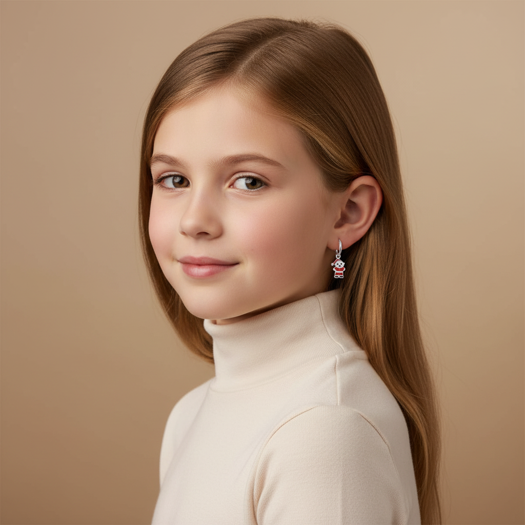 Young girl wearing Santa bear hoop earrings for kids by Melchior Jewellery with festive design