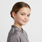 Melchior Jewellery Santa bear hoop earrings for kids worn by smiling girl in grey satin blouse