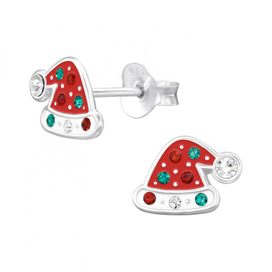 Santa hat stud earrings for kids by Melchior Jewellery with red, green, and clear stones