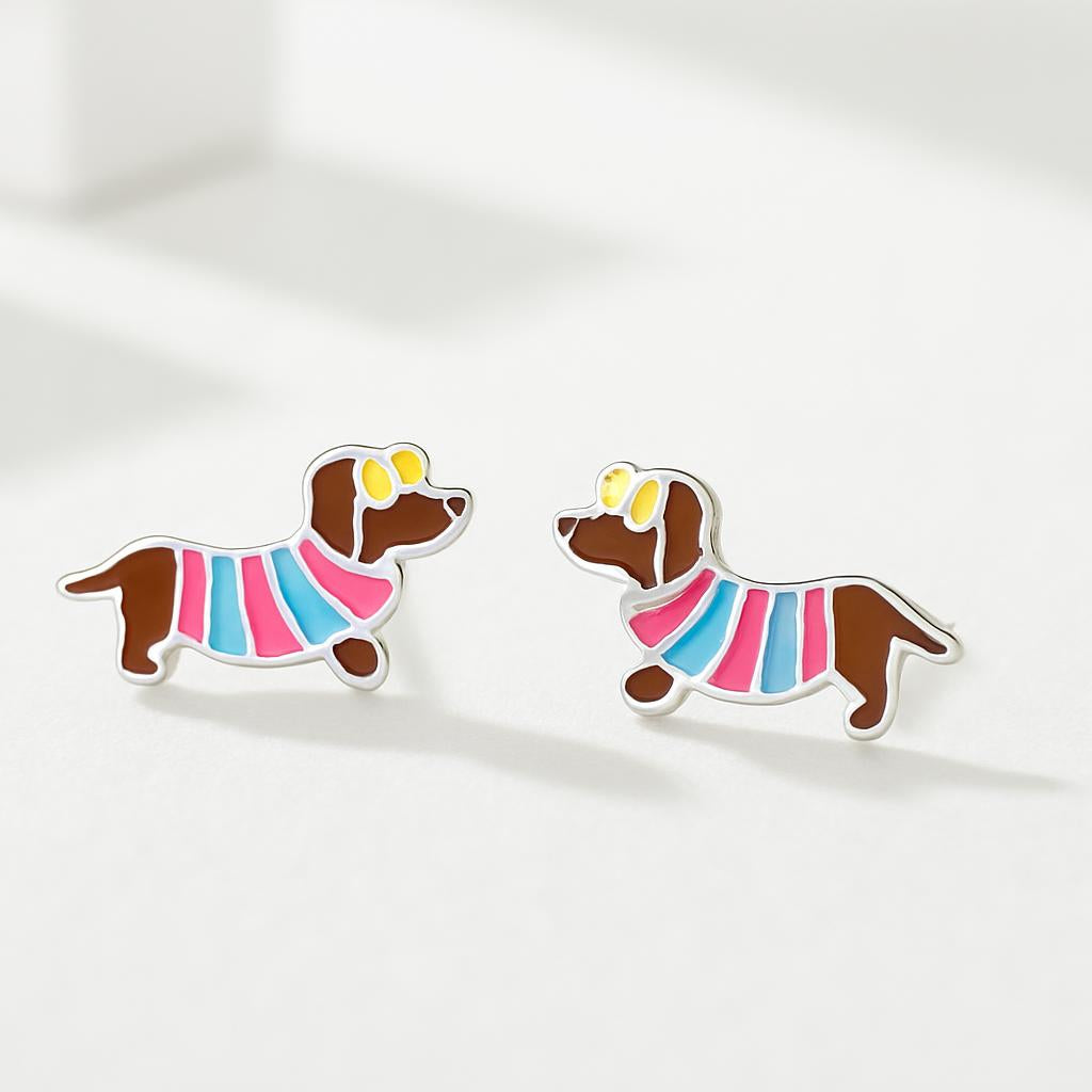 Melchior Jewellery sausage dog stud earrings for girls with colourful enamel design