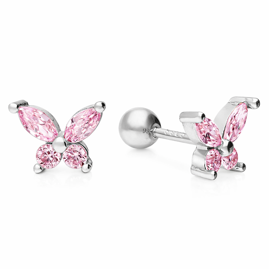Melchior Jewellery butterfly shaped silver screw back earrings for girls with pink gemstones