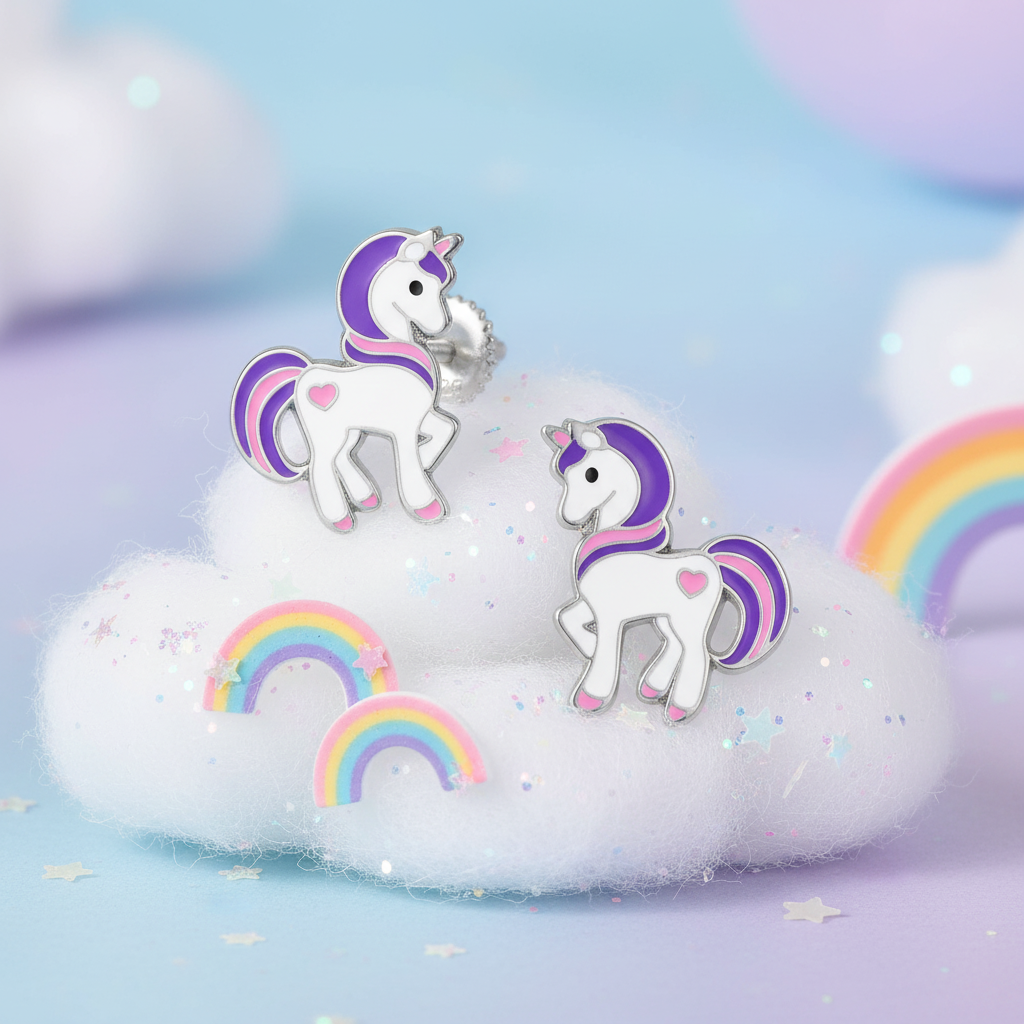 Melchior Jewellery screw back unicorn earrings for kids with purple manes on fluffy cloud with rainbows