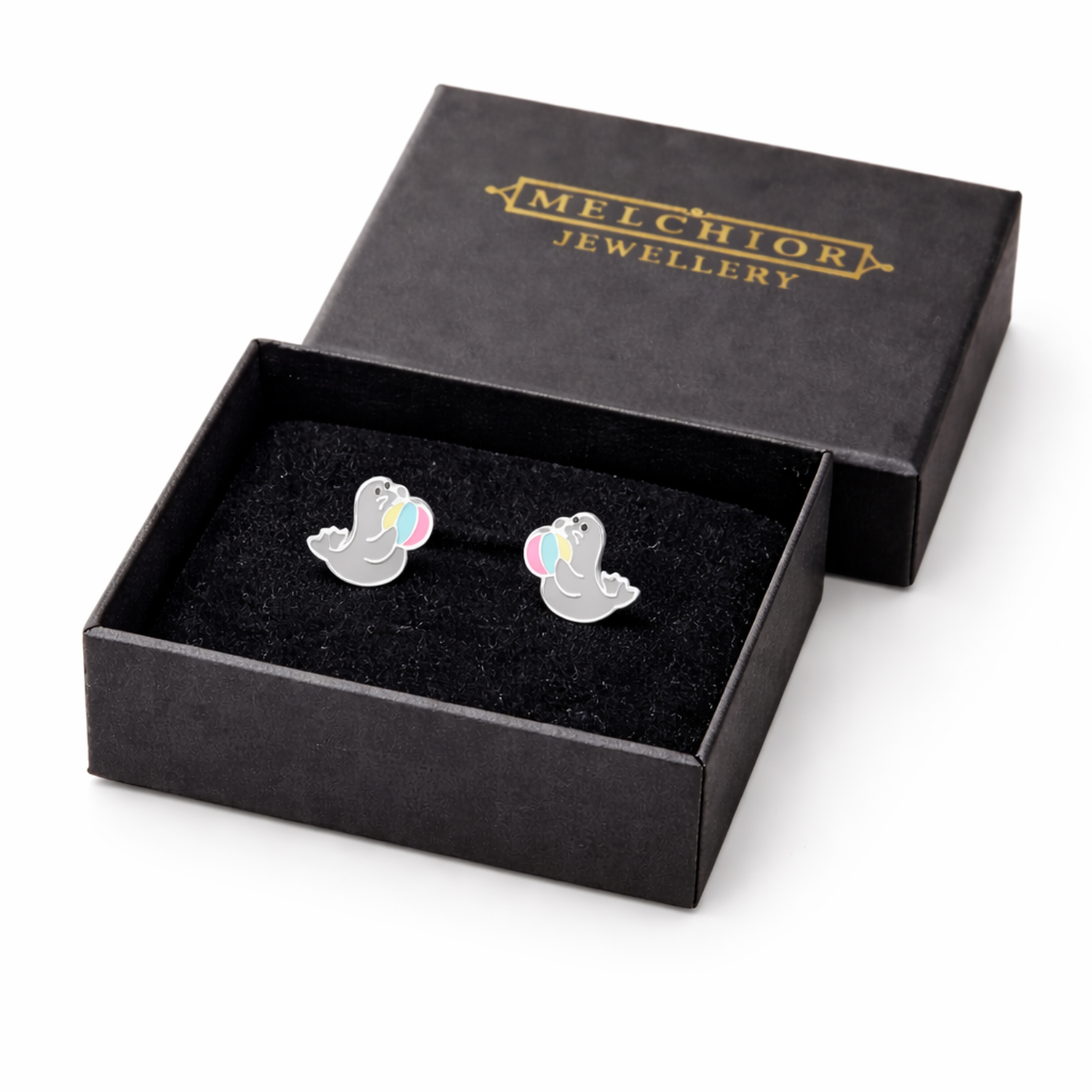 Seal stud earrings for girls by Melchior Jewellery in black presentation box
