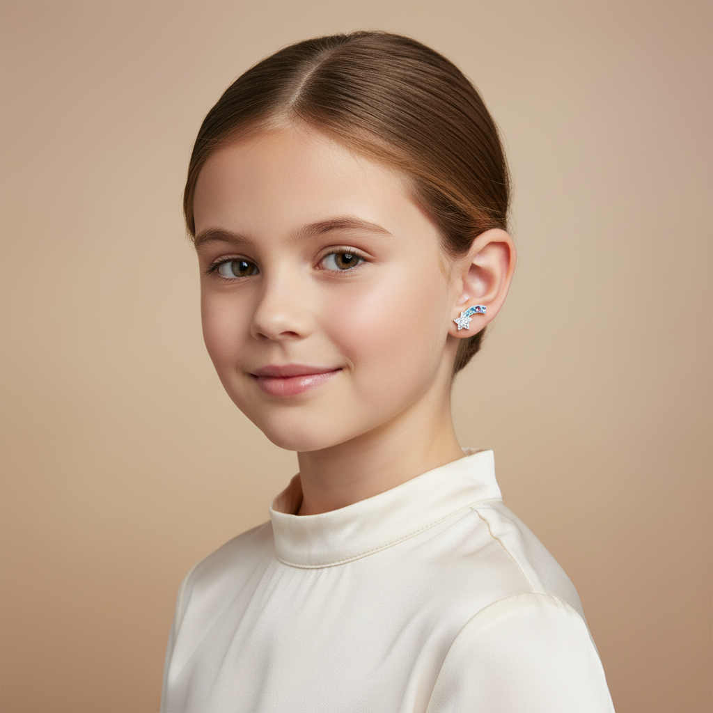 Shooting star crystal earrings for girls worn by young girl with a white top by Melchior Jewellery