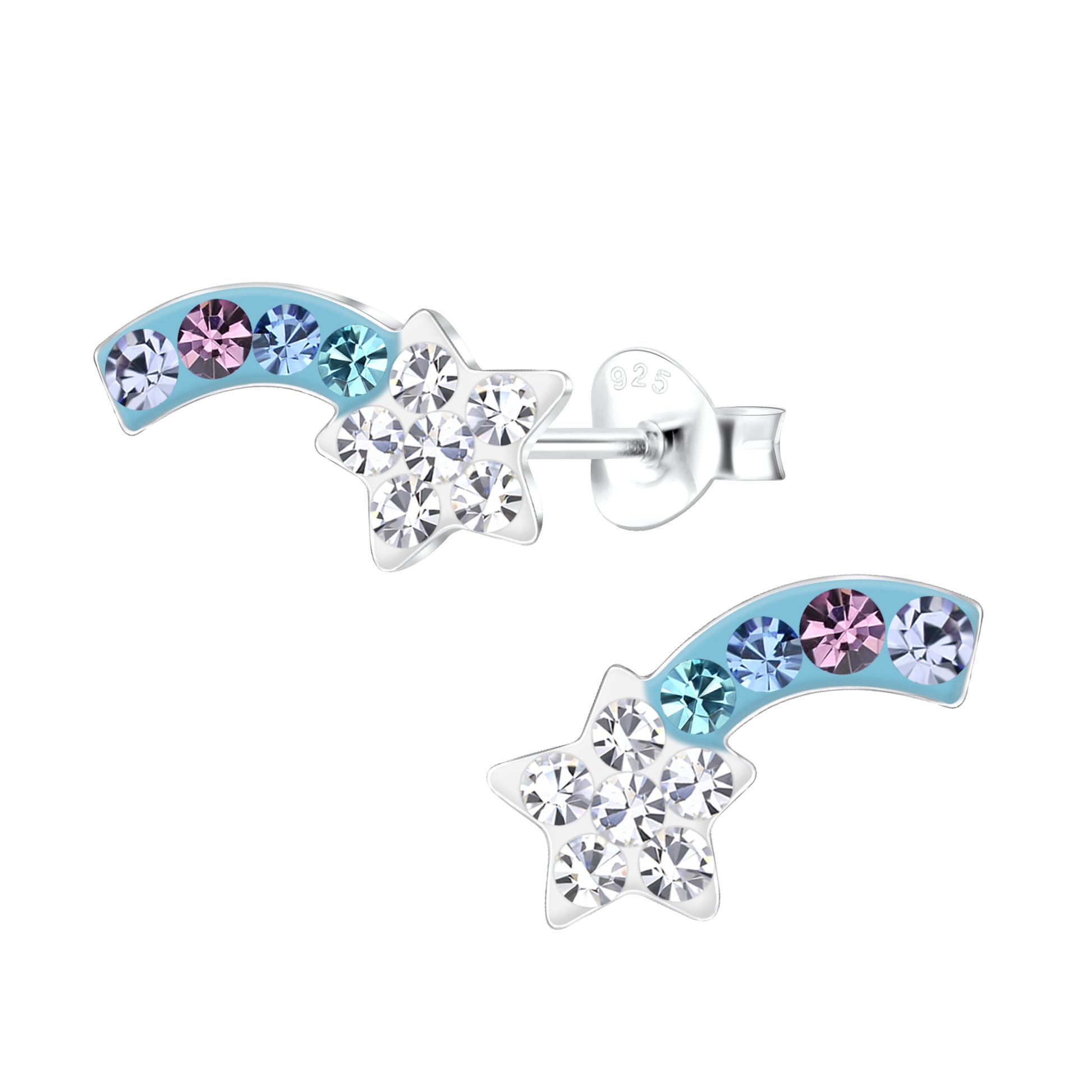 Shooting star crystal earrings for girls by Melchior Jewellery with colourful crystals on silver studs