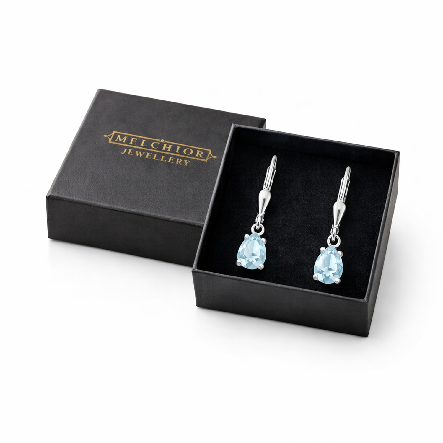 Melchior Jewellery Silver Aqua Bridal Teardrop Leverback Earrings displayed in a black gift box
