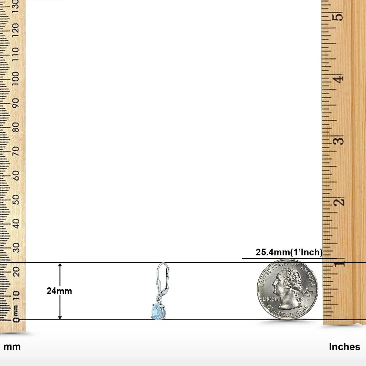 Silver Aqua Bridal Teardrop Leverback Earrings by Melchior Jewellery shown next to rulers for size comparison