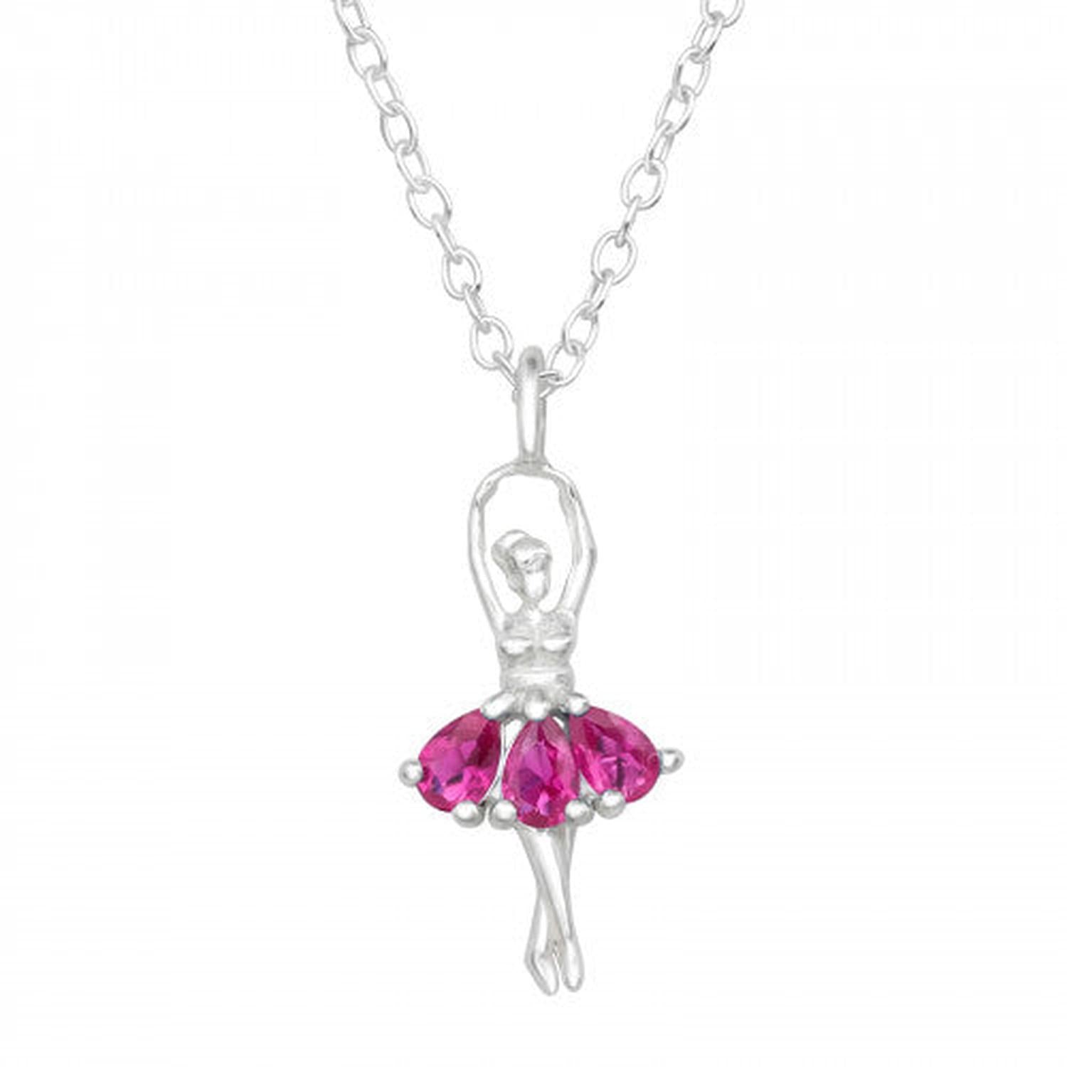Silver ballerina necklace with a delicate chain and a ballerina pendant featuring bright pink gem skirt from Melchior Jewellery
