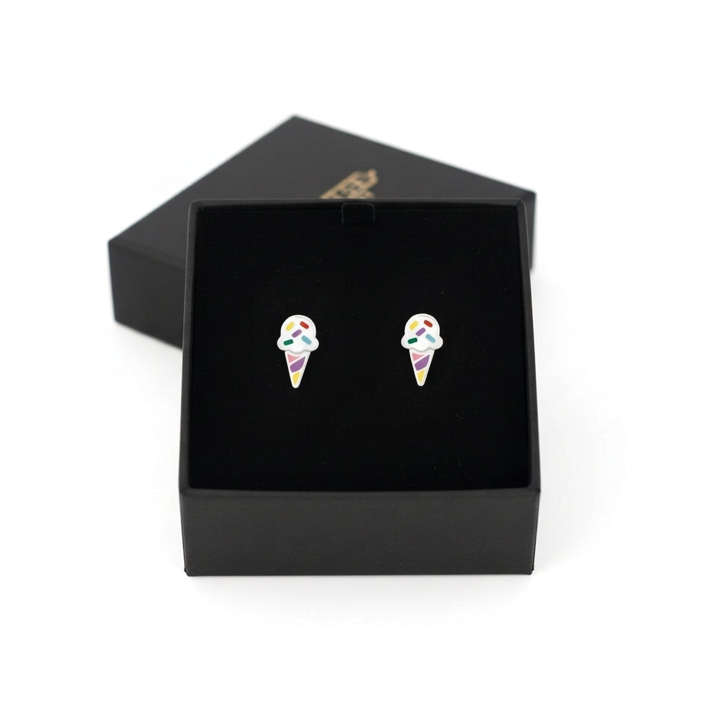 Melchior Jewellery Silver Colourful Ice Cream Earrings with white, pink, blue, yellow, and green details in black gift box