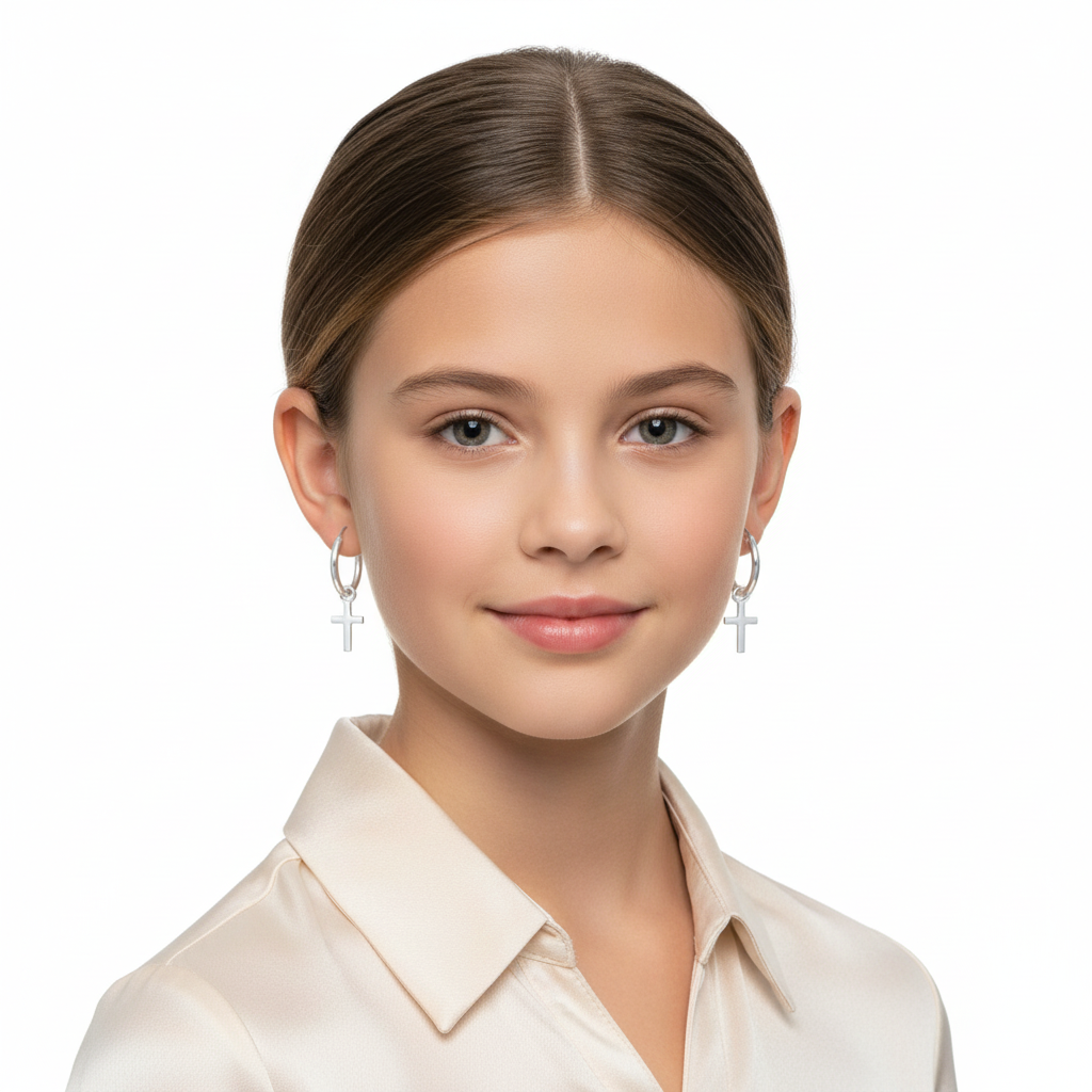 Silver cross charm earrings for girls worn by child model from Melchior Jewellery