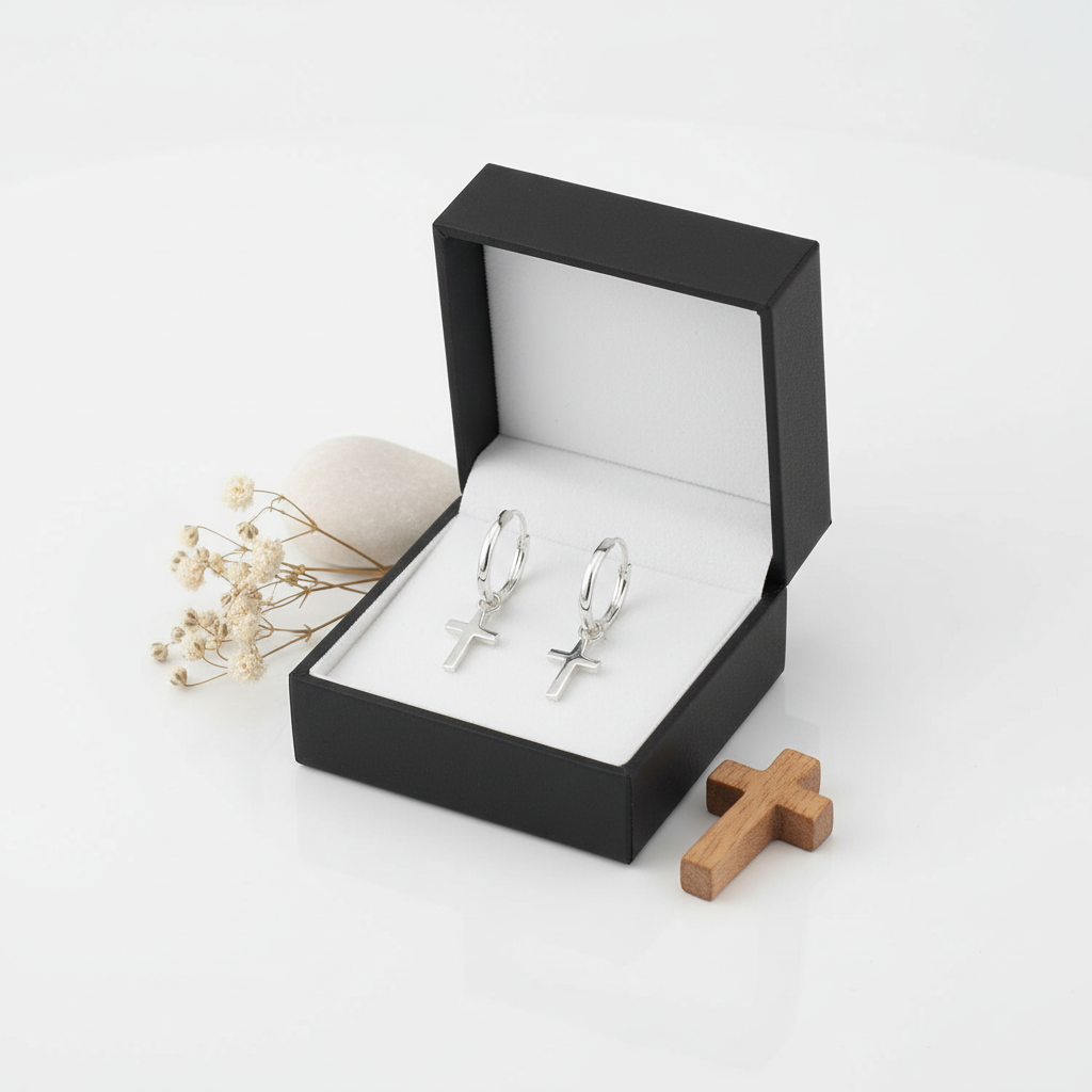 Silver cross charm earrings for girls by Melchior Jewellery displayed in a black gift box