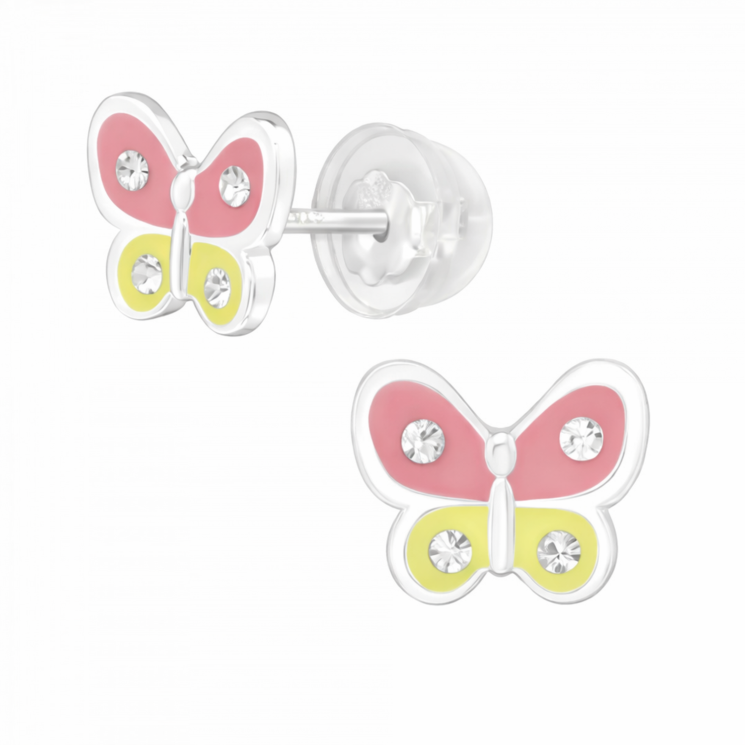 Melchior Jewellery Silver Crystal Butterfly Stud Earrings with pink and yellow enamel and crystal accents