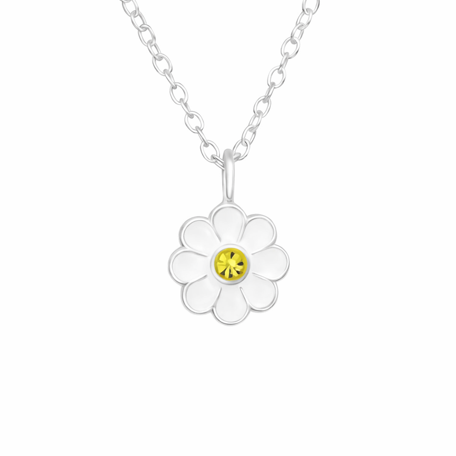 Melchior Jewellery Silver CZ Daisy Necklace with white petals and yellow centre on silver chain