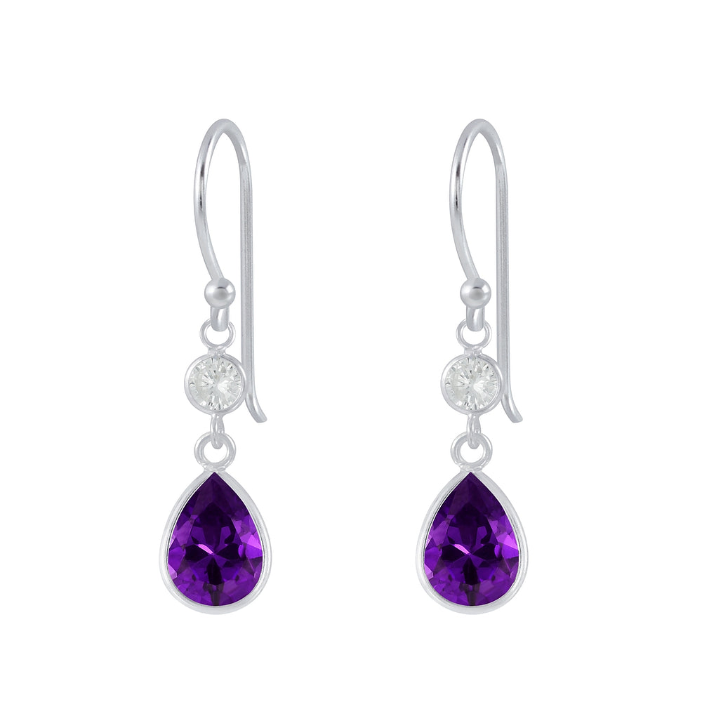 Melchior Jewellery silver CZ drop earrings for women with purple teardrop crystals and small clear stones