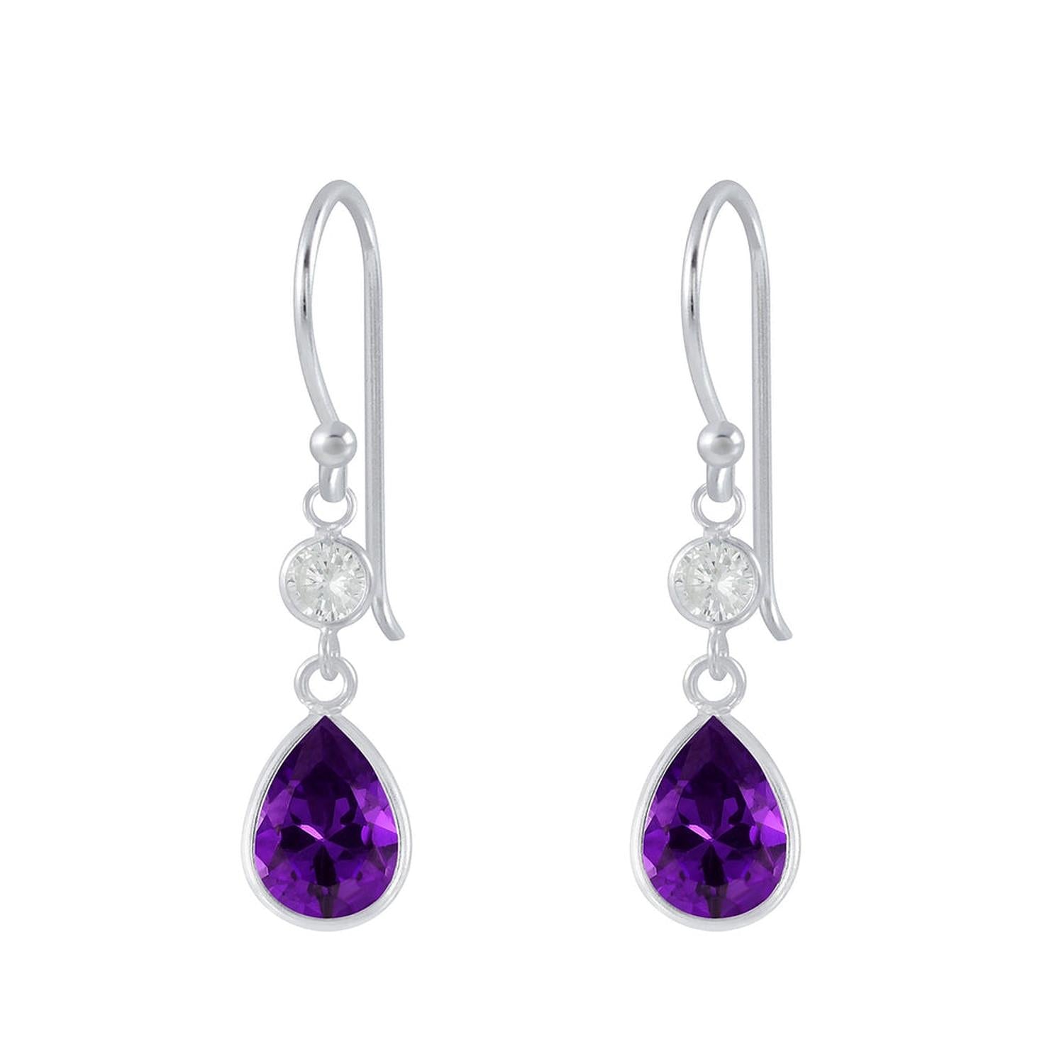 Melchior Jewellery silver CZ drop earrings for women with purple teardrop crystals and small clear stones