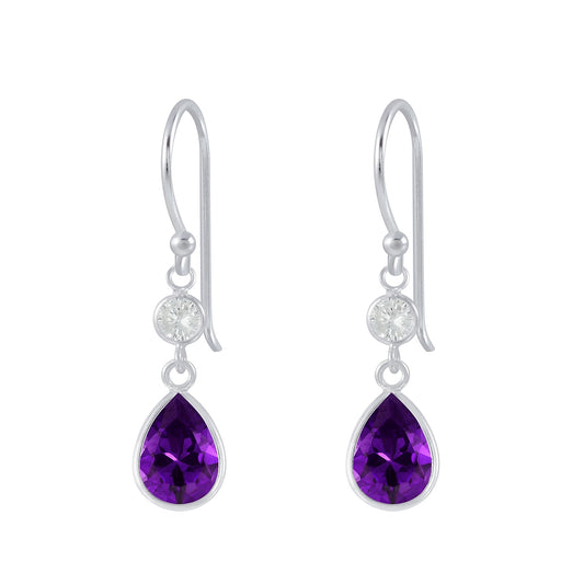 Melchior Jewellery silver CZ drop earrings for women with purple teardrop crystals and small clear stones