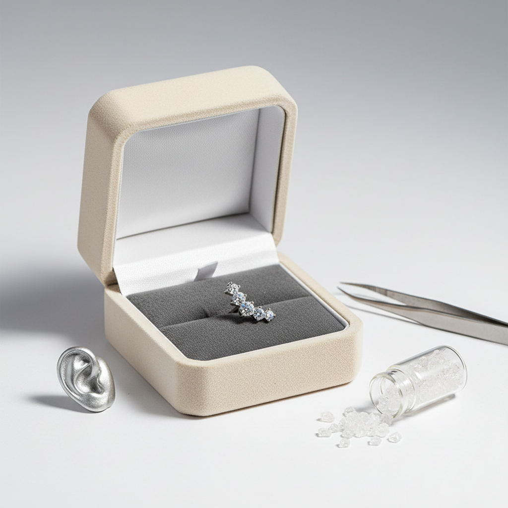 Melchior Jewellery silver CZ labret stud displayed in a beige jewellery box with tweezers and decorative items