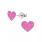 Silver glitter heart stud earrings for children by Melchior Jewellery with pink hearts and paw prints