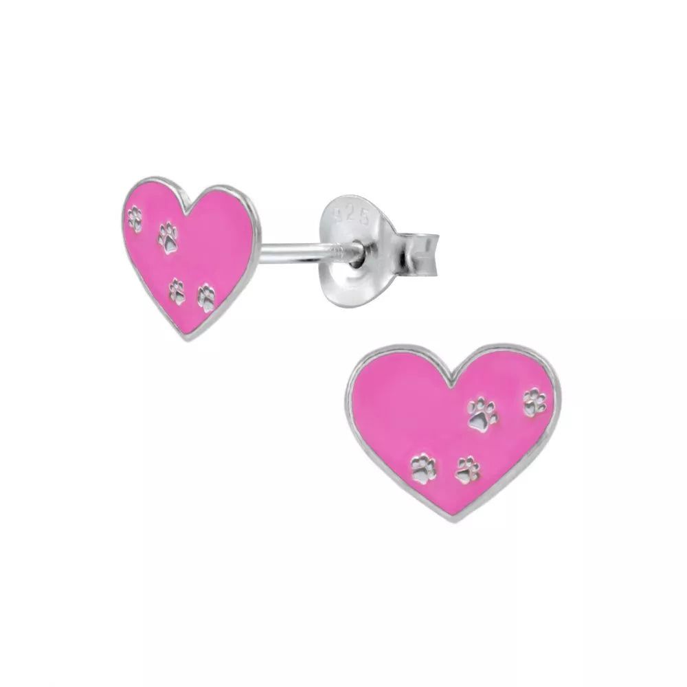 Silver glitter heart stud earrings for children by Melchior Jewellery with pink hearts and paw prints
