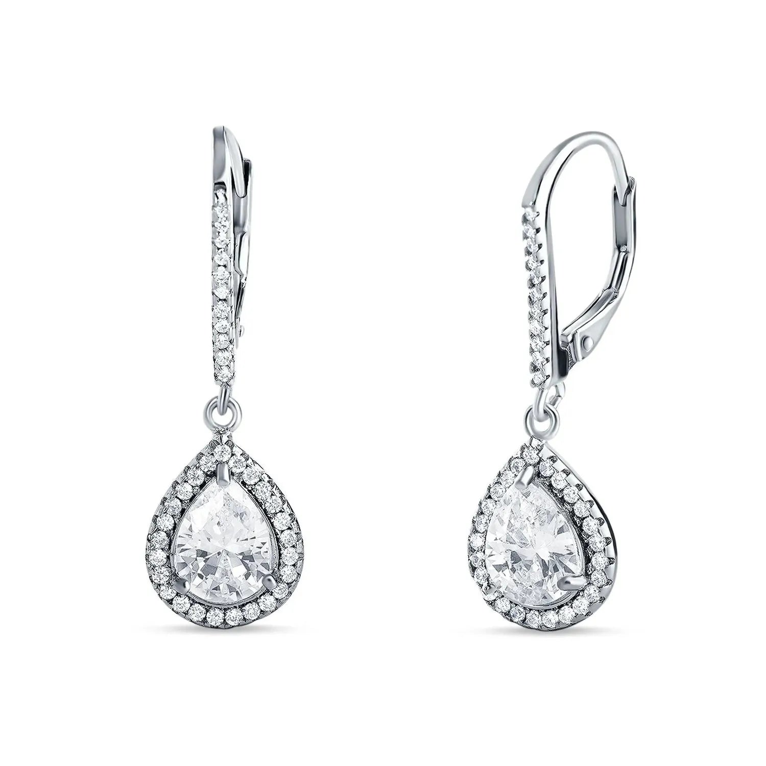 Melchior Jewellery Silver Pear Halo Leverback Drop Earrings with sparkling stones for women