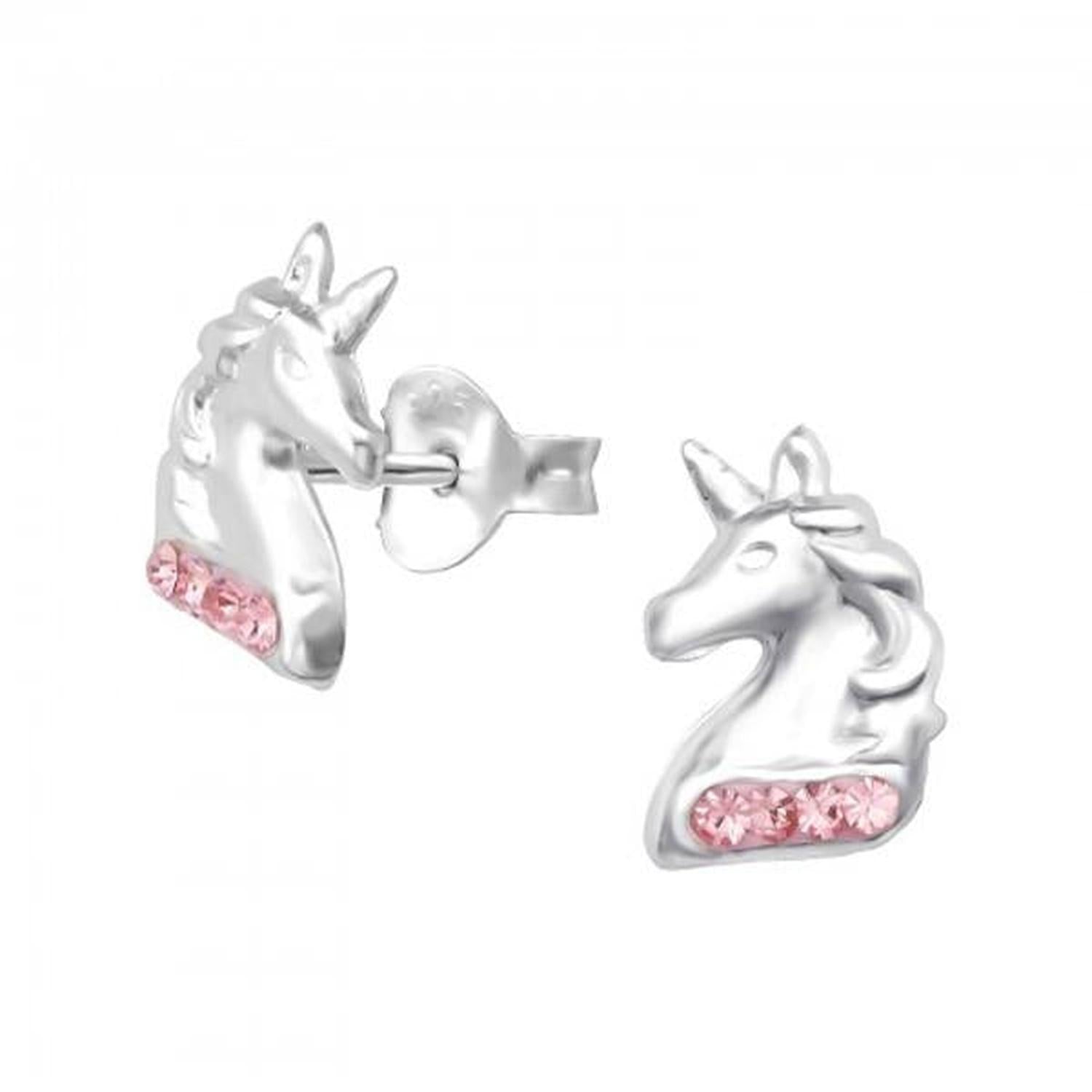 Silver Pink Crystal Unicorn Stud Earrings by Melchior Jewellery featuring unicorn head design with pink crystals on silver studs
