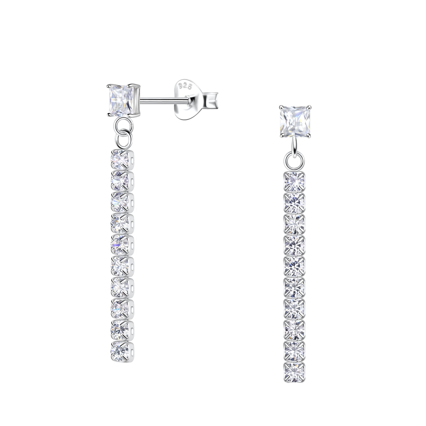 Melchior Jewellery Silver Square Stud Earrings with Hanging Tennis Chain featuring sparkling crystal stones